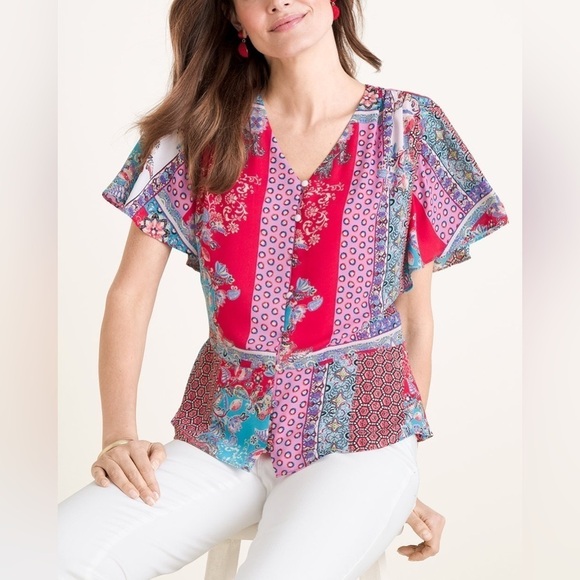 Chico’s Women’s Patchwork Peplum Flutter-Sleeve Top Red Blue Size 0 (4/6) - Picture 8 of 9